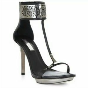 BCBG MAXAZRIA Phoenix T-Strap Black & Silver Stiletto Heel Sandal - Size 6 or 36